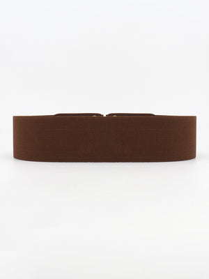 Brown elastic waist belt with double D buckle detail