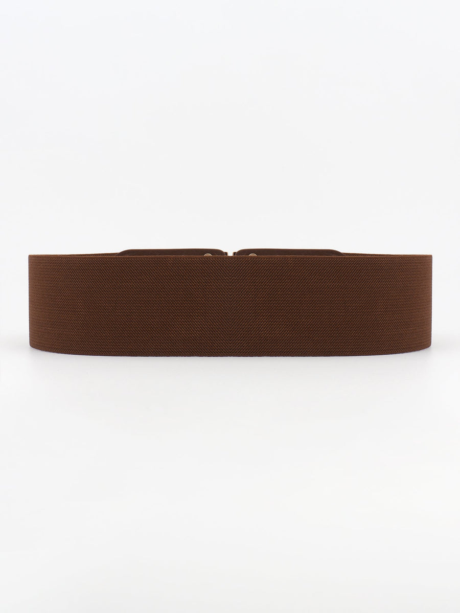 Brown elastic waist belt with double D buckle detail