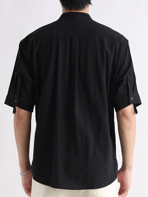 Black short sleeve button-down shirt with band collar and rolled sleeve tabs.