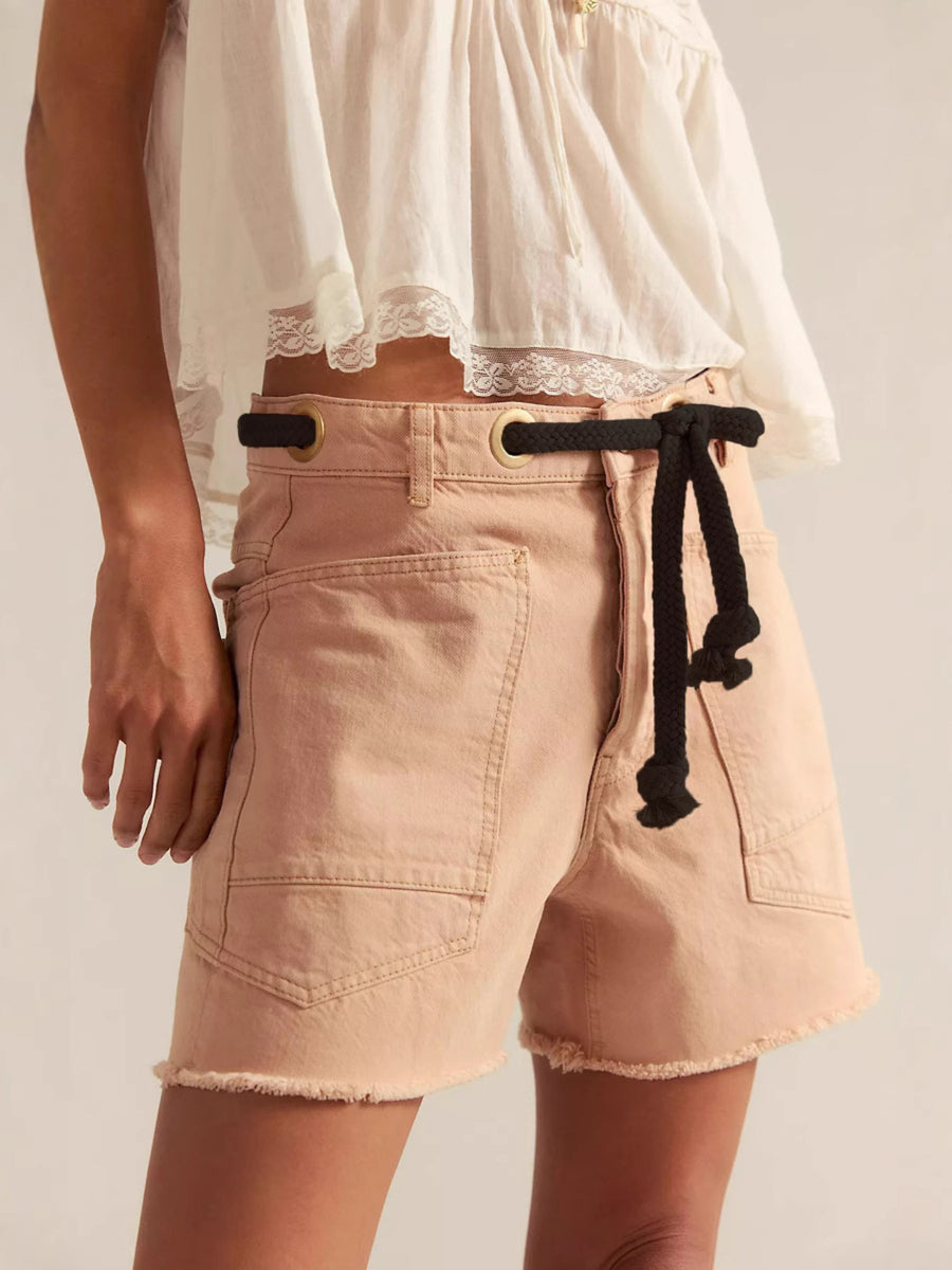 Drawstring Raw Hem Denim Shorts in Medium with raw hem