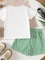 White baby tee with green striped shorts, cotton crew neck outfit