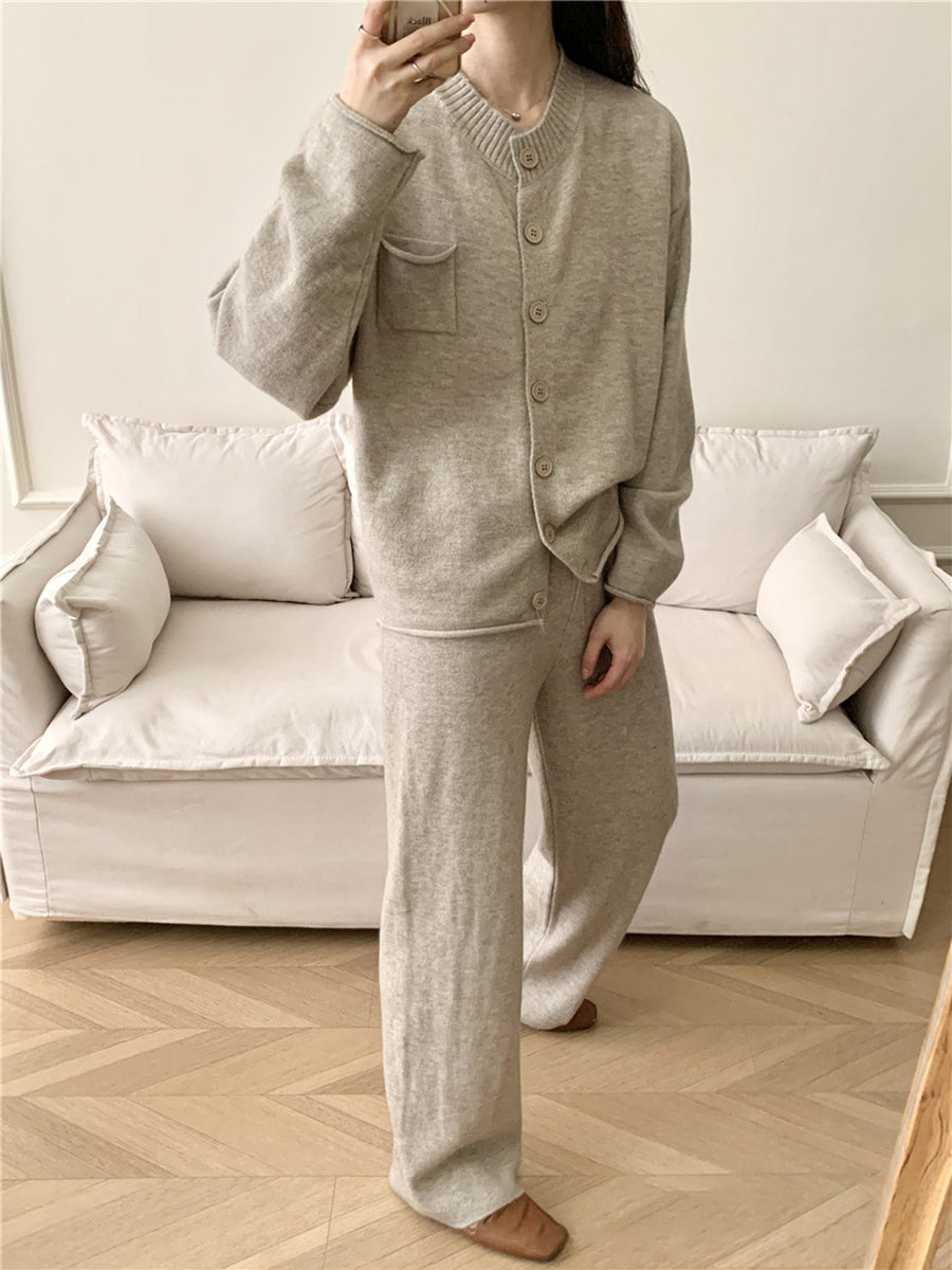 Taupe ribbed knit cardigan and wide leg pants set with button front and chest pocket.