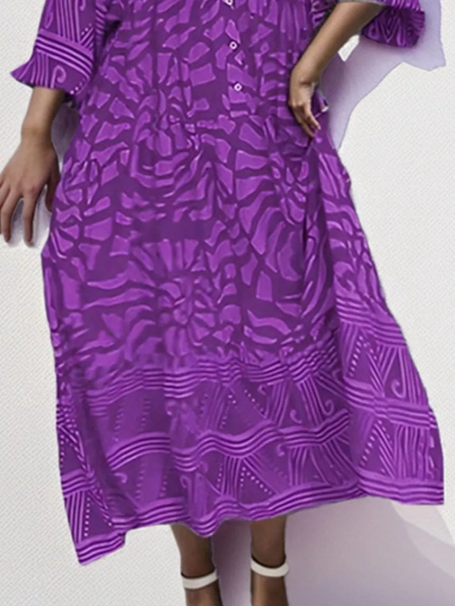 Electric Purple abstract print midi dress with short sleeves and button front.