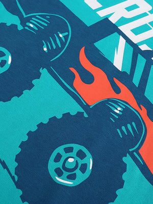 Kids' graphic tee with monster truck and flames, crew neck, cotton blend.
