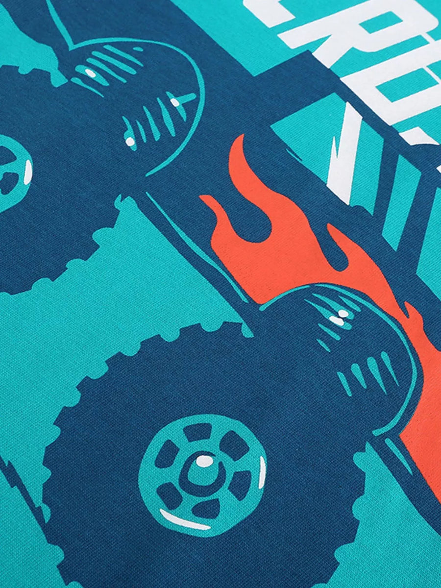Kids' graphic tee with monster truck and flames, crew neck, cotton blend.