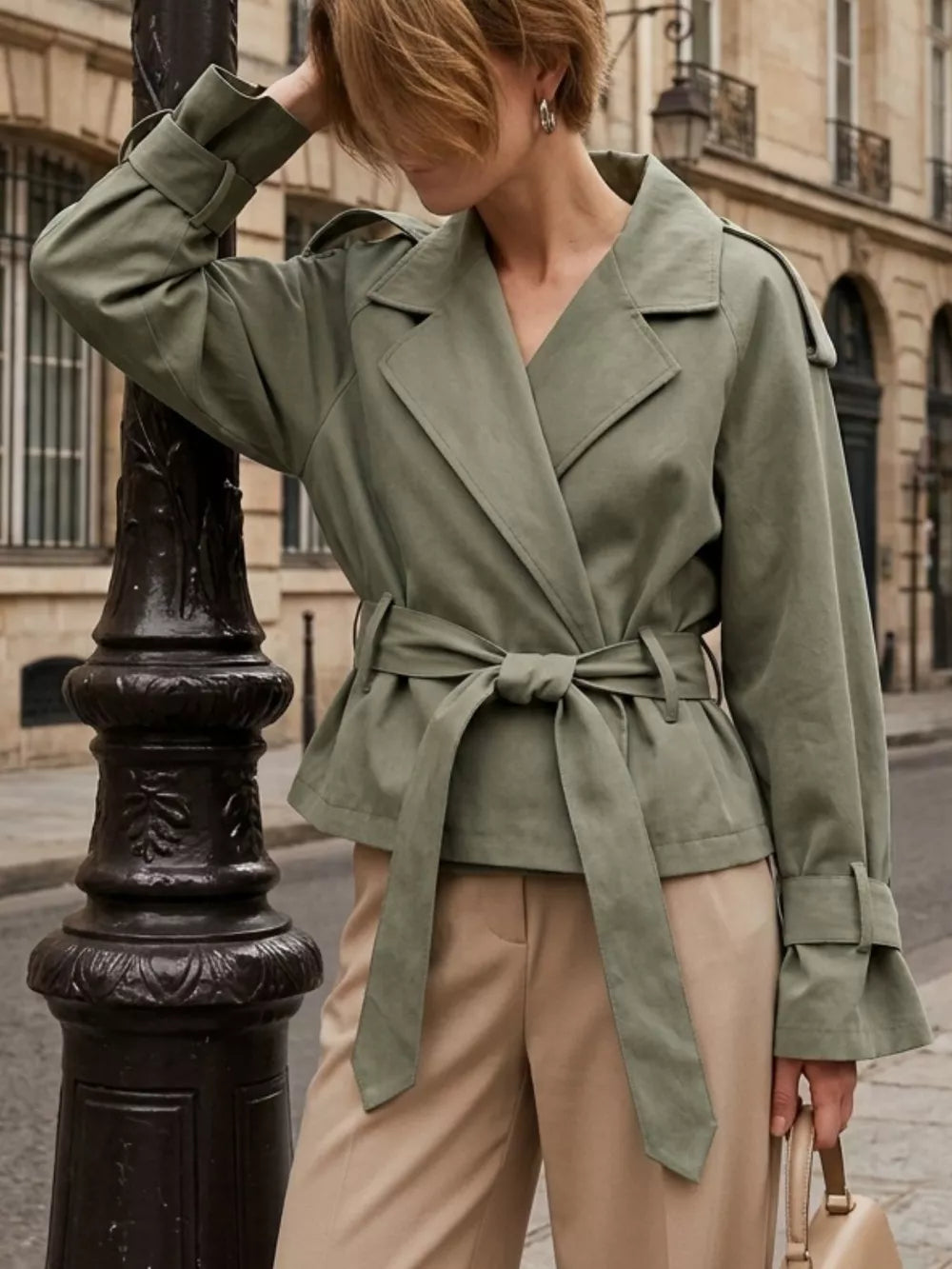 Moss Lapel Collar Belted Cropped Trench