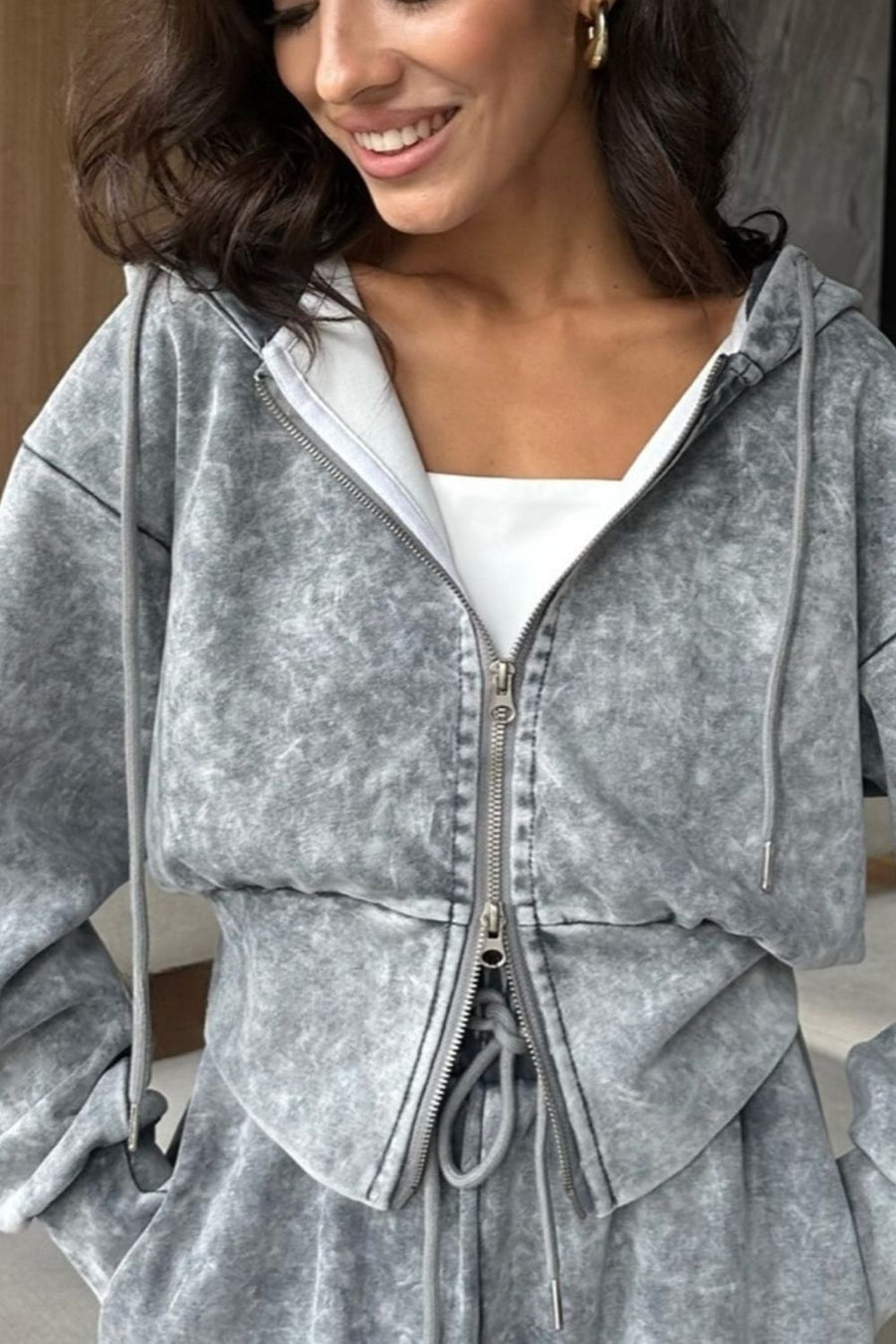 100% polyester Care instructions: Machine wash cold hoodie and sweatpants set in charcoal with relaxed silhouette