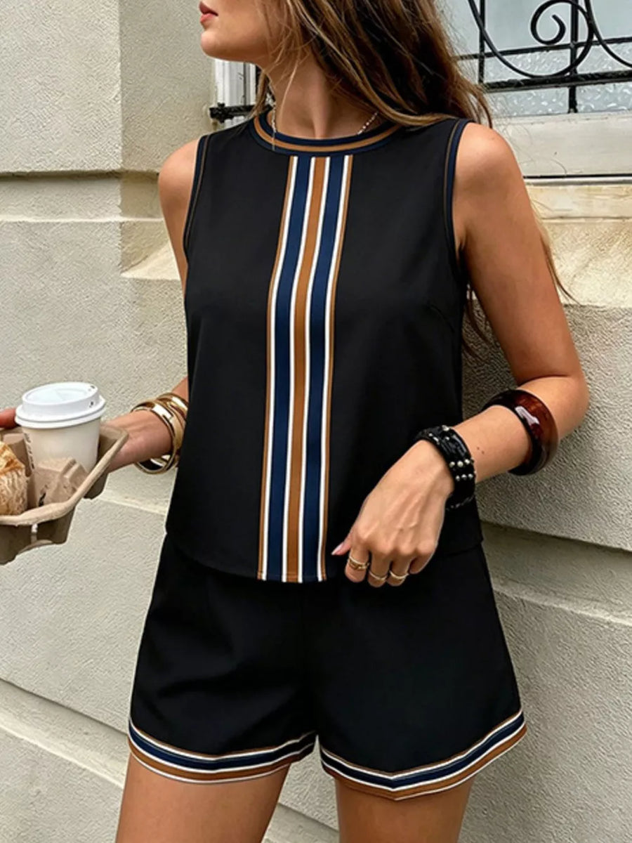 Black sleeveless top with vertical stripes and matching shorts with striped trim