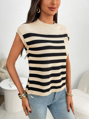 Striped knit sweater with mock neck and chest pocket in beige and black.