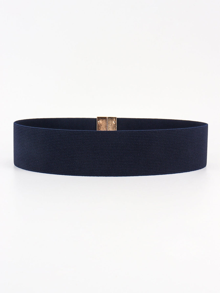 Dark Navy wide elastic belt with gold clasp detail.