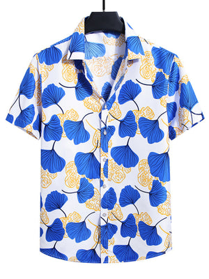 Men's short sleeve button-up shirt in French Blue with a nautical leaf print and yellow accents.