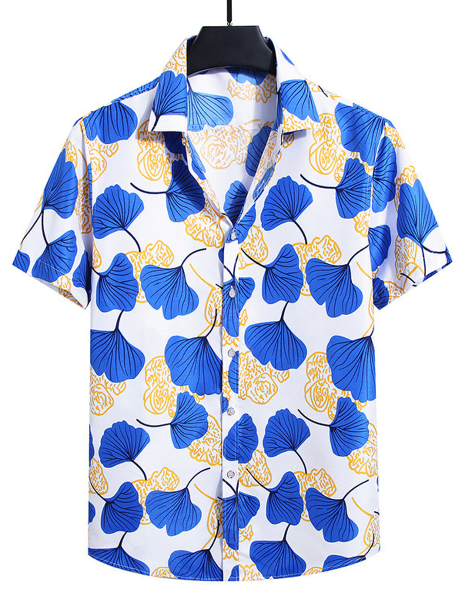 Men's short sleeve button-up shirt in French Blue with a nautical leaf print and yellow accents.