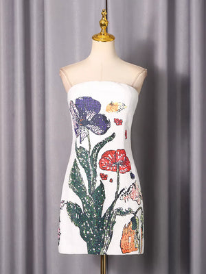 White with Strapless Floral Mini Dress