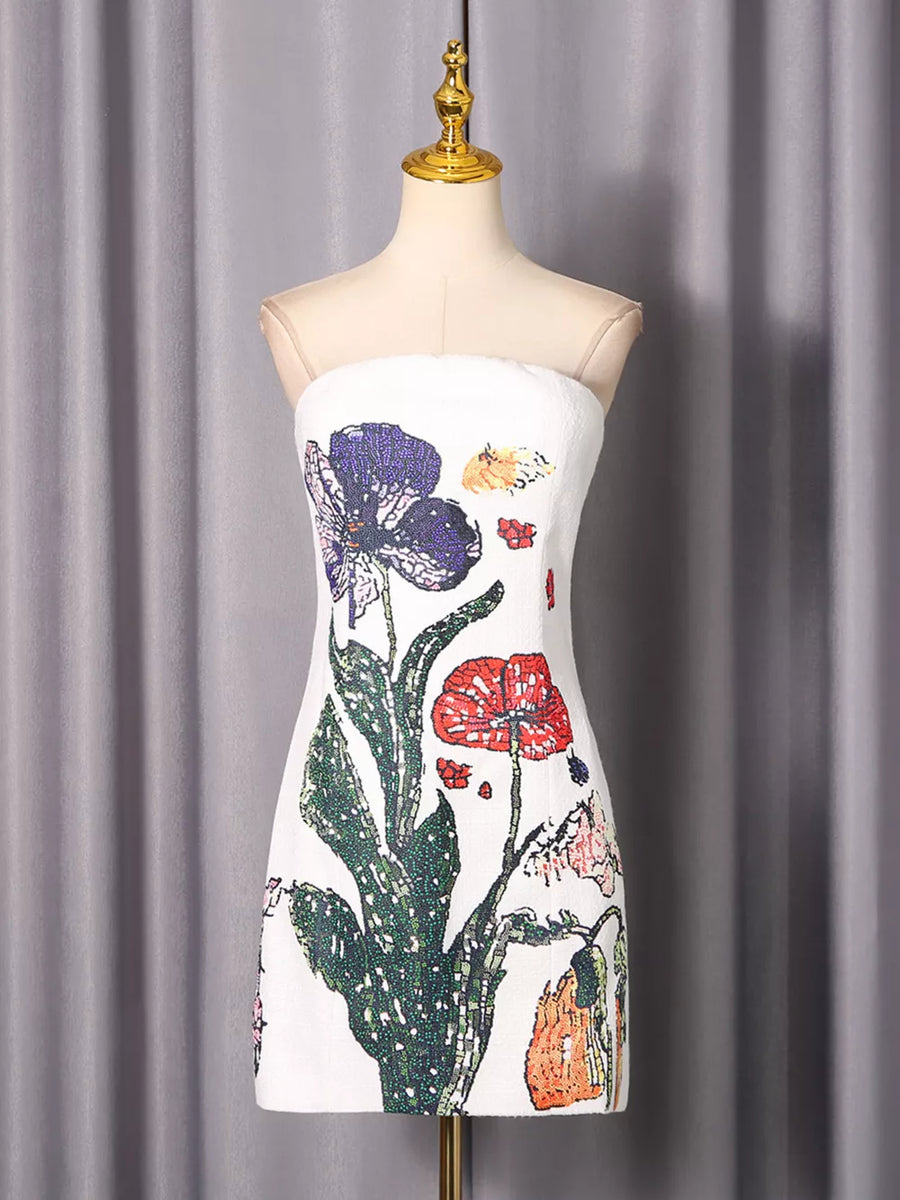 White with Strapless Floral Mini Dress