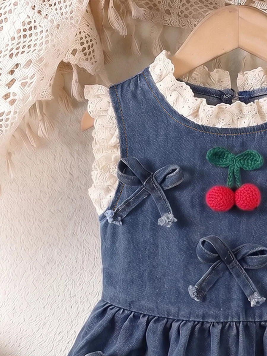 Navy with Children's Denim Cherry Applique Dress