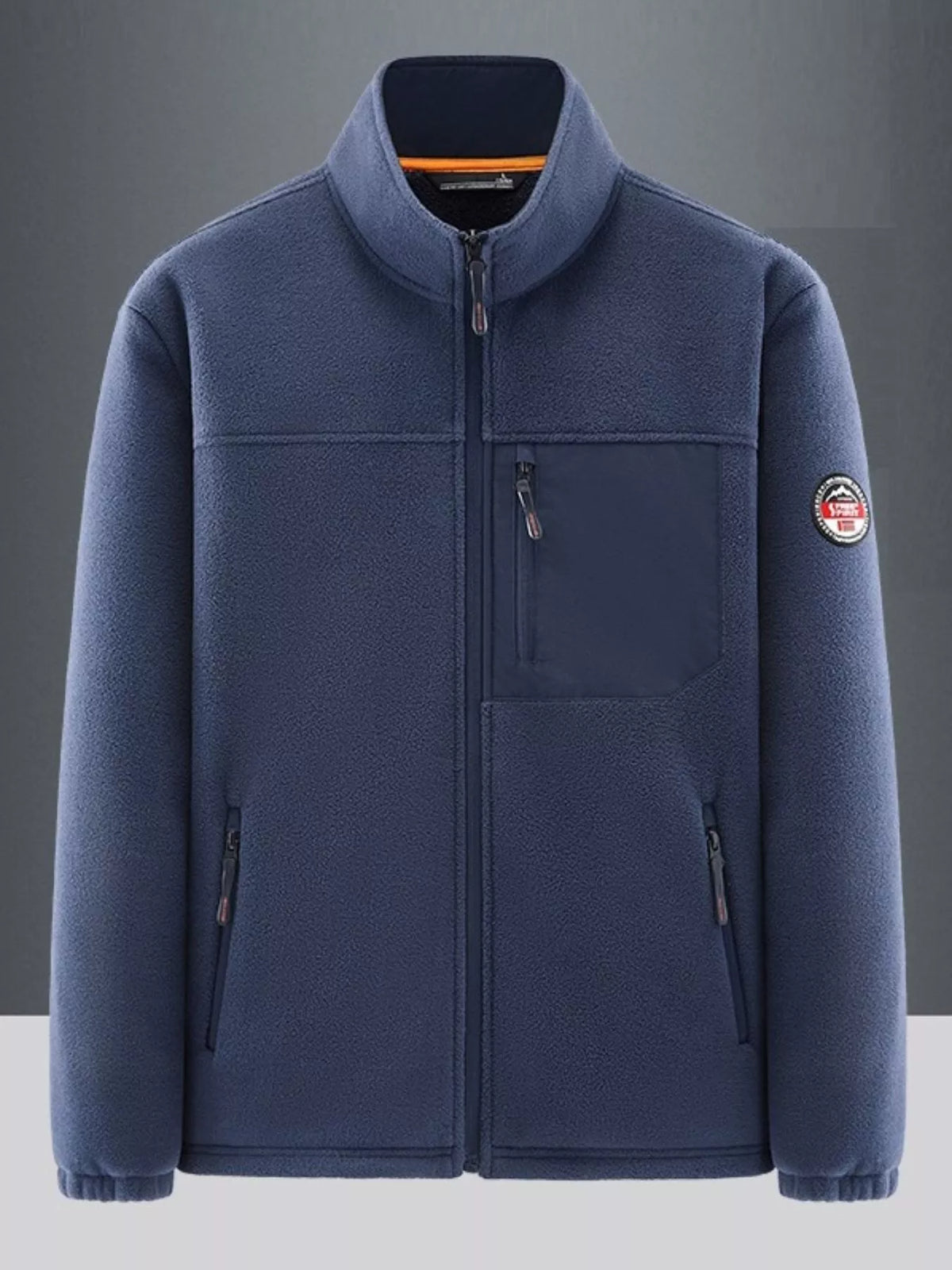 Men's dark blue fleece sport jacket with stand collar, zip front, and chest pocket.