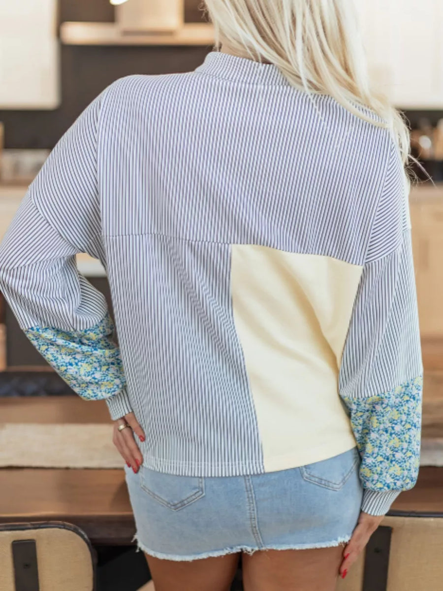 Cream with Floral Striped Drop Sleeve Collared Sweatshirt
