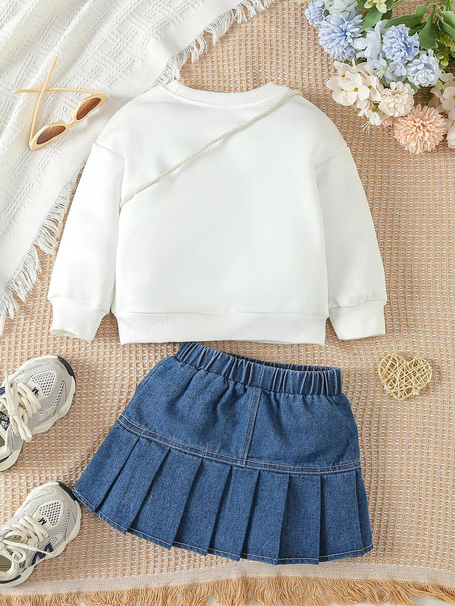 Children's Letter Long Sleeve Top And Denim Skirt Set option 5
