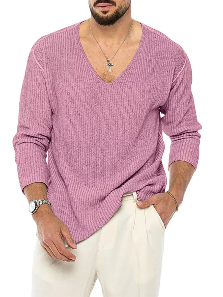mauve pink v-neck sweater with ribbed and v-neck