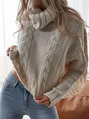 cream turtleneck sweater with cable knit and turtleneck