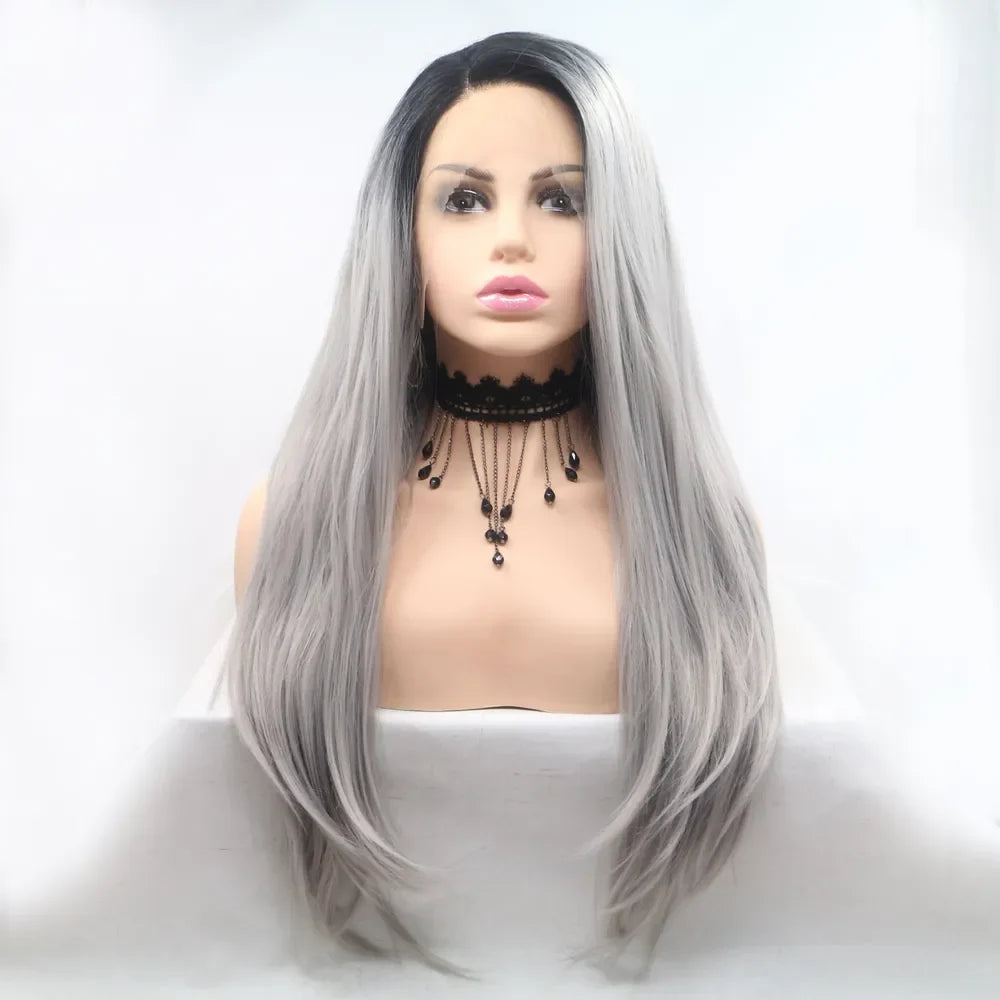 Ombre Cascade lace front wig in black to grey, long straight style with a lace front.