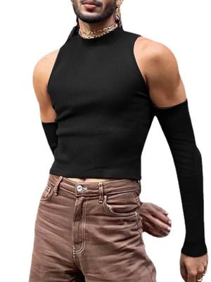 Black ribbed sleeveless mock neck top with detachable sleeves