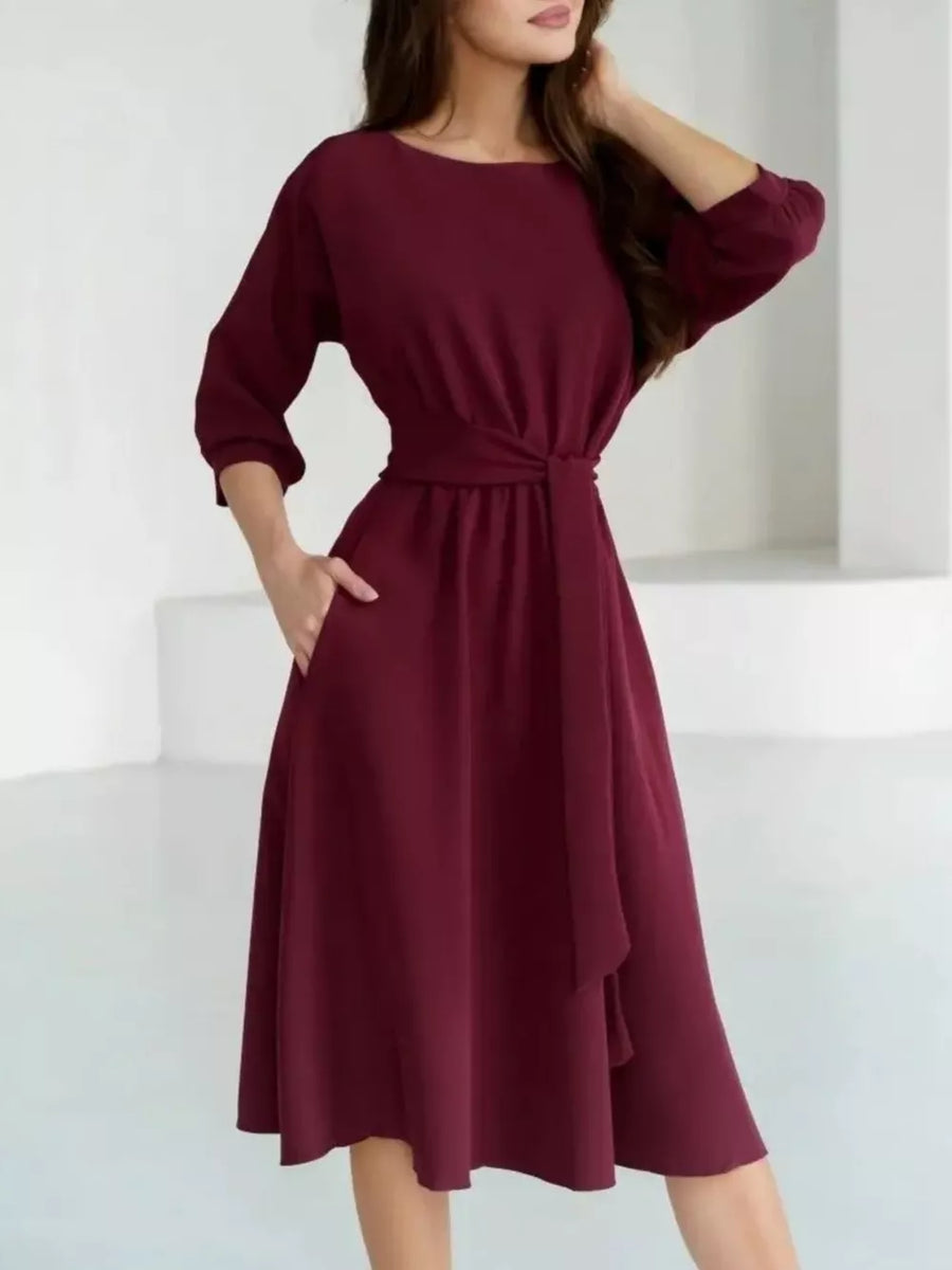 Black with Elegant Belted Waist Midi Dress
