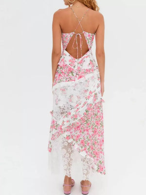 Floral lace maxi dress with ruffles in pink floral print and white lace, featuring a low back with tie.