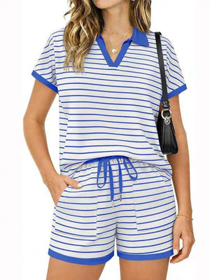 Blue striped polo shirt and drawstring shorts with pockets, women's loungewear set.