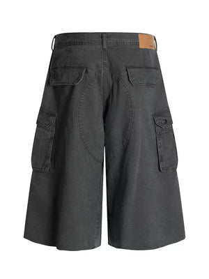 Men's grey utility cargo shorts with multiple pockets and a relaxed fit.