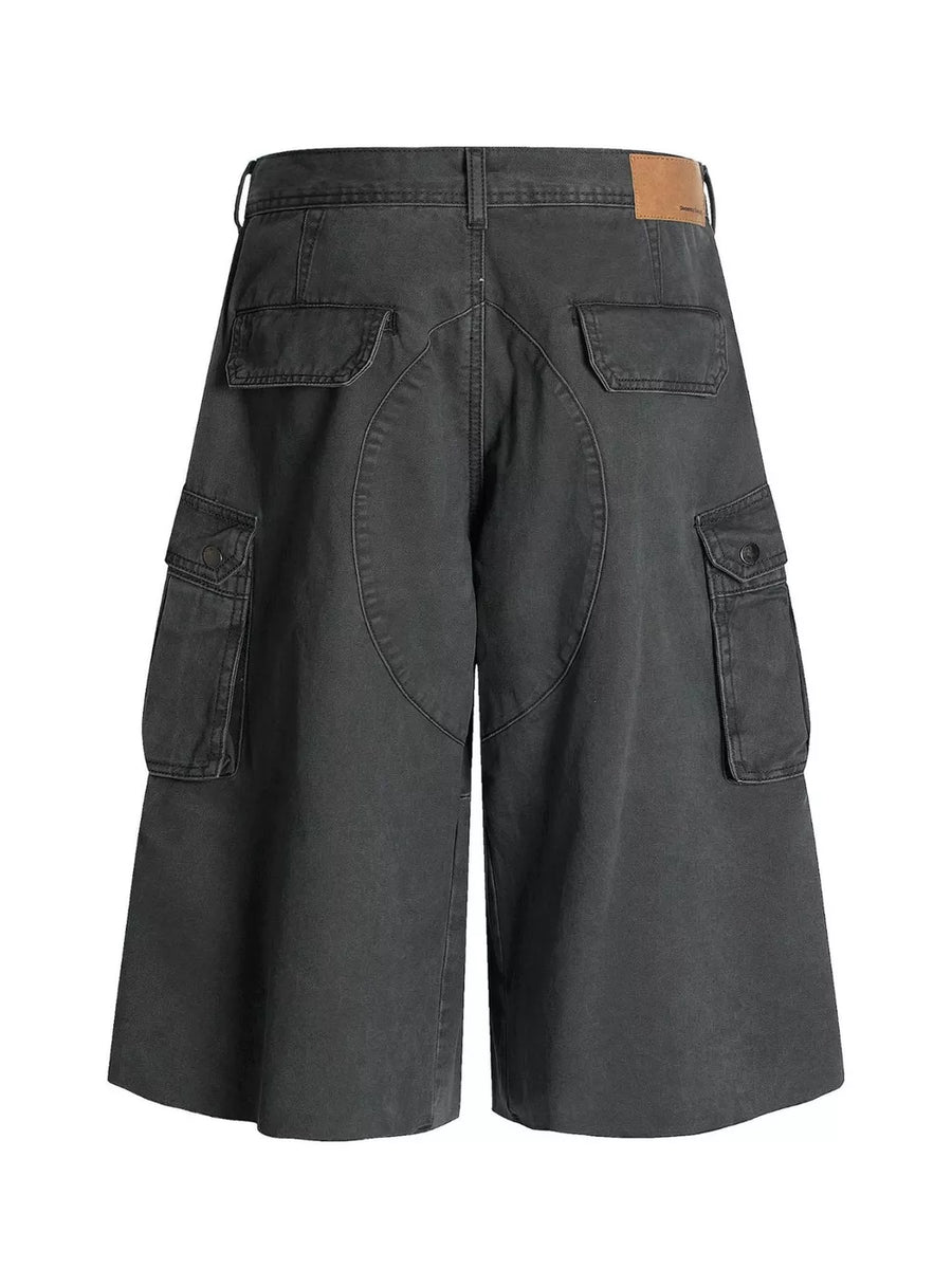 Men's grey utility cargo shorts with multiple pockets and a relaxed fit.