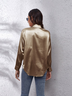 Taupe satin button-up shirt with effortless drape and long sleeves.