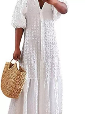 White Elegant Puff Sleeve Textured Maxi Dress Plus Size