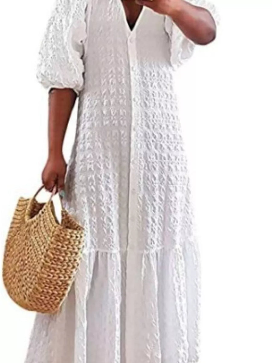 White Elegant Puff Sleeve Textured Maxi Dress Plus Size