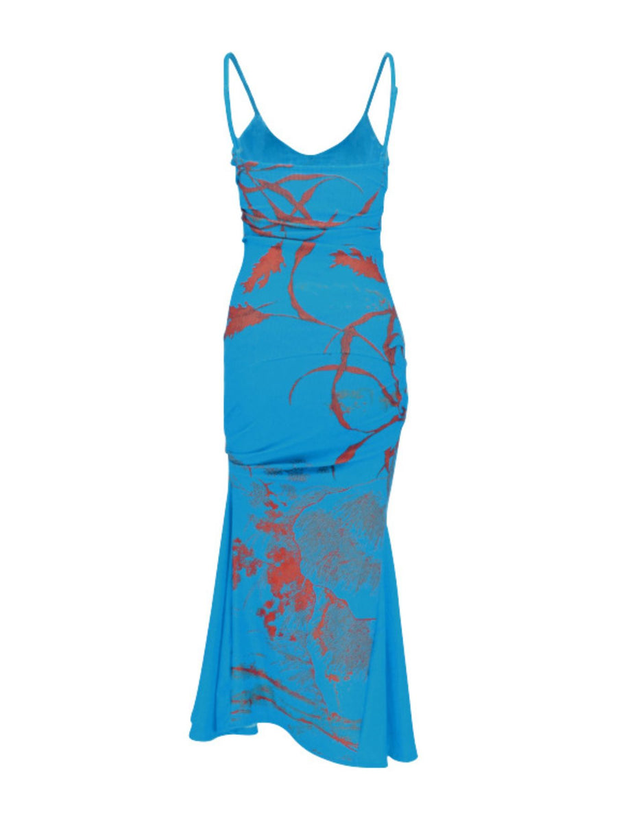 Blue spaghetti strap maxi dress with botanical print and ruched sides