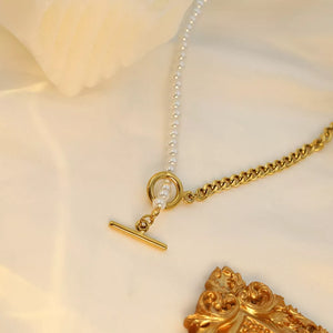 Synthetic Pearl,18K Gold-Plated,Stainless Steel Care instructions: Avoid wearing necklace in gold with straight silhouette