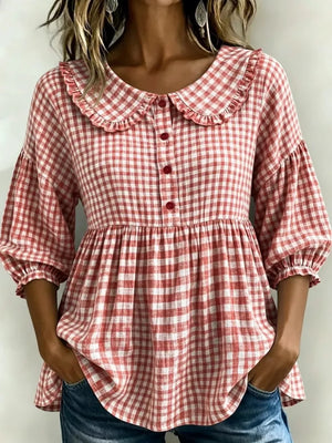 Full Size Gingham Peter Pan Collar Blouse Plus Size in Light Green