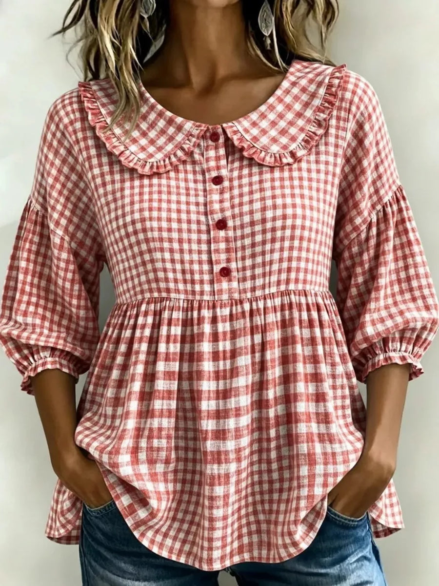 Full Size Gingham Peter Pan Collar Blouse Plus Size in Light Green