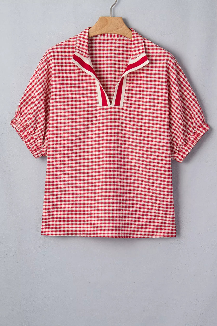 Strawberry gingham checkered half sleeve maternity overshirt with contrast collar detail