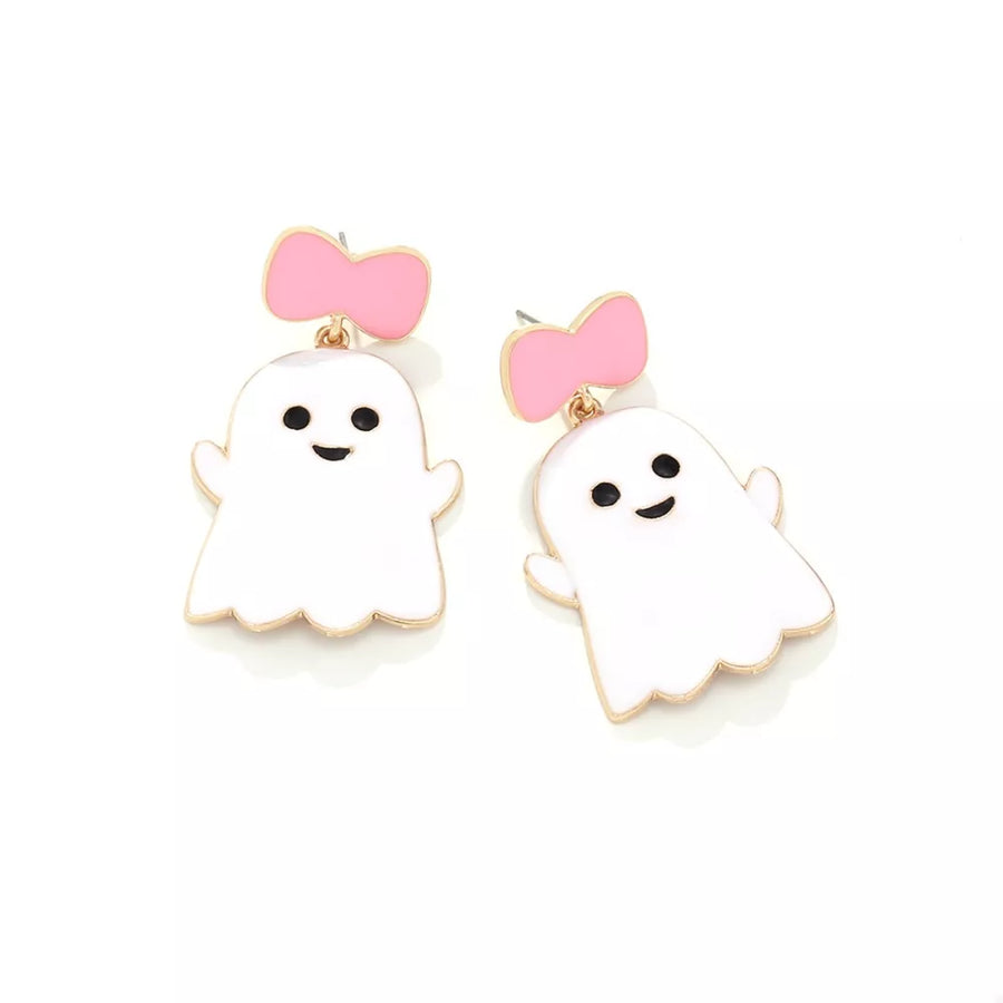 Playful ghost charm dangle earrings with pink bows, 18k gold accent.