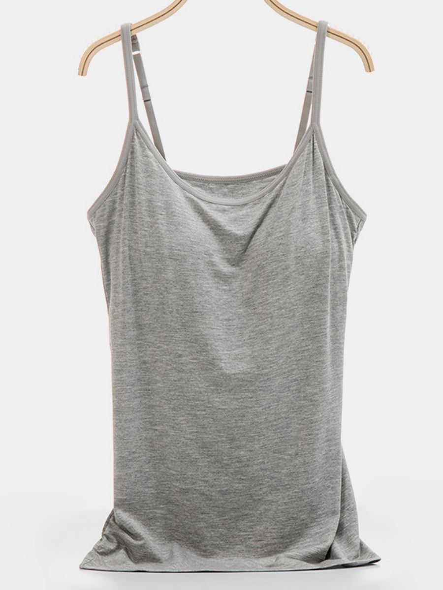 Gray soft-cup cami with adjustable straps and a scoop neckline.