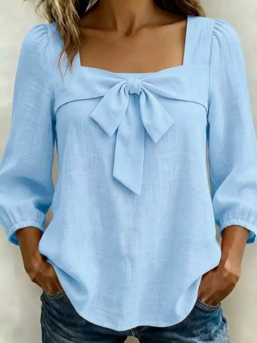 Light Yellow Full Size Bow Front Square Neck Blouse Plus Size
