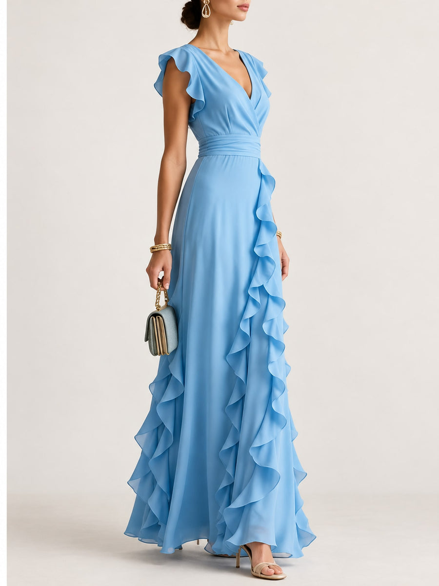 Ruffled Surplice Sleeveless Maxi Dress in White with ruffled