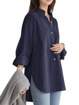 Full Size Oversized Button-Down Long Sleeve Shirt in Light Blue with high-low hem