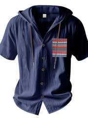 Navy blue hooded short sleeve shirt with button front and patterned chest pocket.