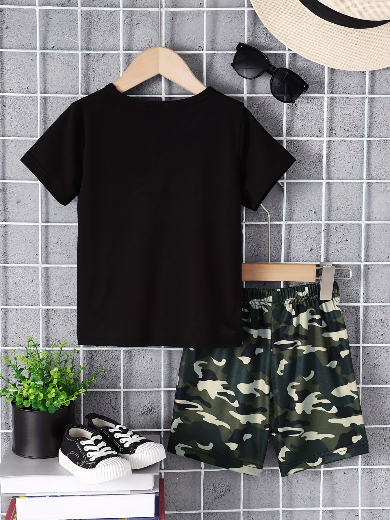 Black graphic tee and camo shorts set for baby boys and girls.