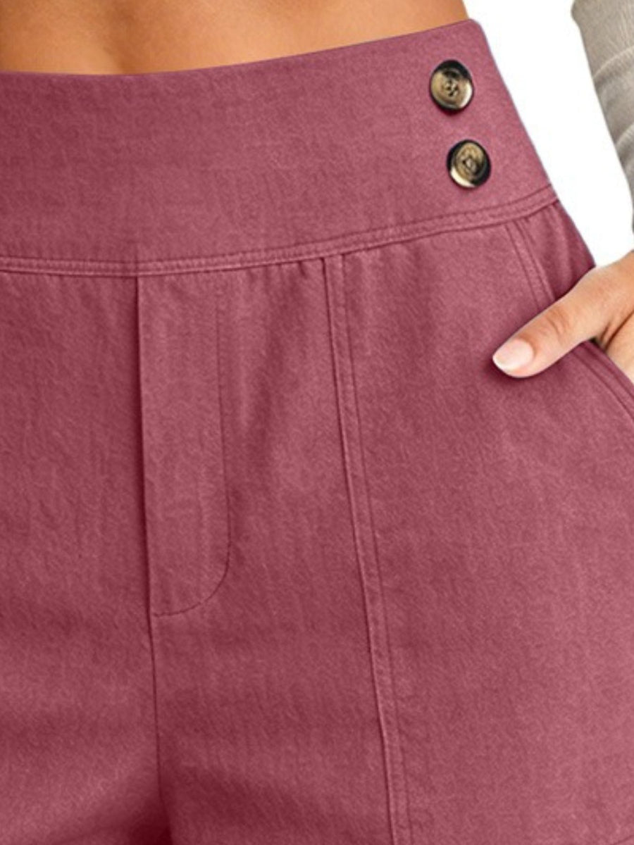 High-Waisted Button-Detail Cropped Pants Plus Size in Turquoise with pocketed