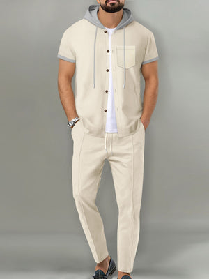 Grey Men's Short-sleeve Hooded Top And Shorts Set