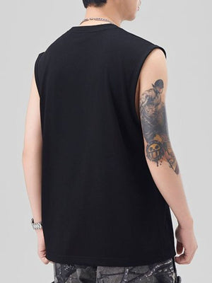 Men's oversized black cotton tank top with crew neck and sleeveless design.