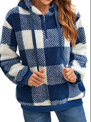 Blue plaid sherpa hoodie with quarter zip and drawstring.